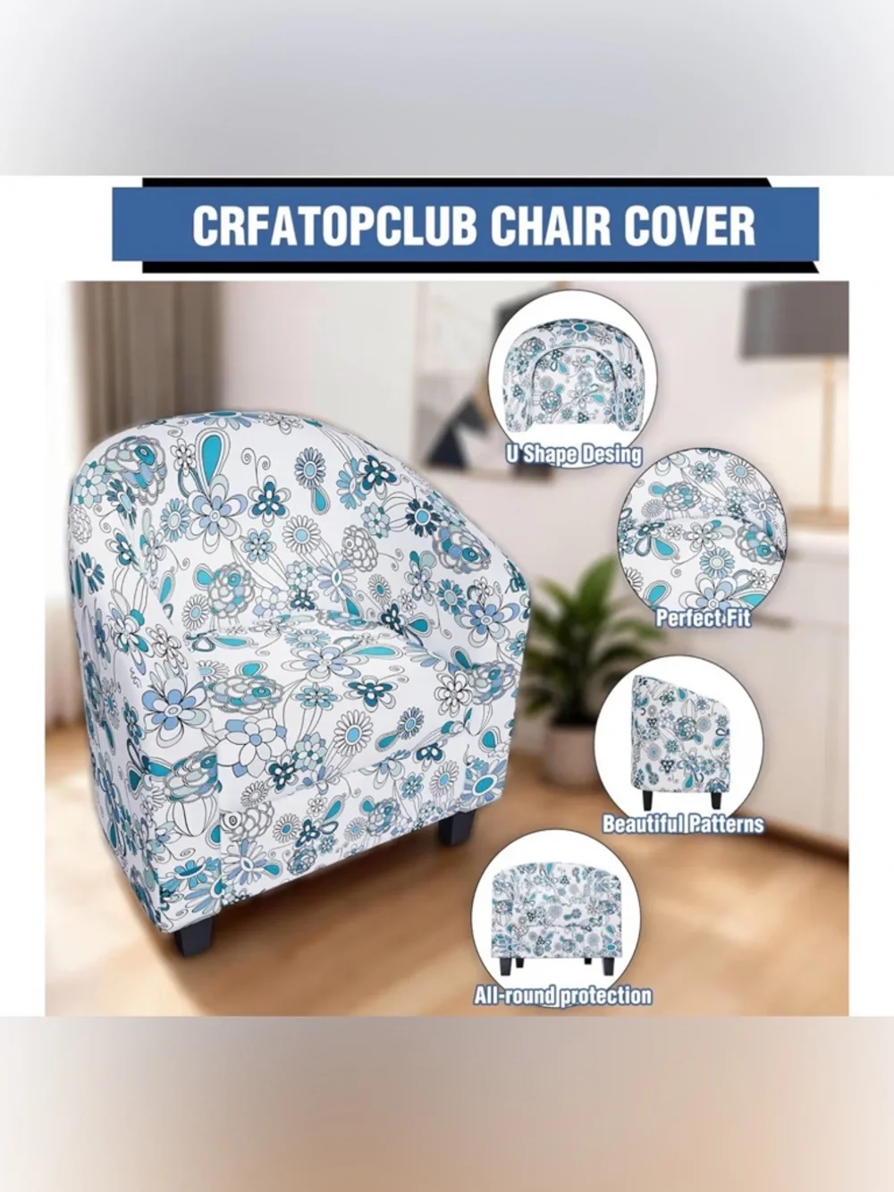 Floral Accent Tub Chair cover in White and Teal
